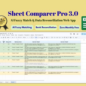 May include: Sheet Comparer Pro 3.0 AI Fuzzy Match & Data Reconciliation Web App. A digital spreadsheet interface displays rows of data with columns for status, ratings, matching criteria, and comparative information from two distinct sources.