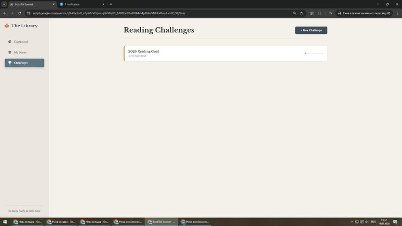 May include: A digital interface titled The Library displaying a Reading Challenges page. The screen features a New Challenge button, a 2026 Reading Goal progress bar showing 2/52 books read, and a sidebar with Dashboard, My Books, and Challenges tabs.