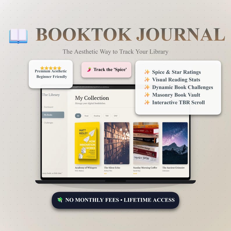 May include: A digital Booktok Journal interface displayed on a laptop screen. The layout features a library collection with book covers, star ratings, and reading stats. Text includes 'BOOKTOK JOURNAL', 'Track the Spice', and 'NO MONTHLY FEES'.
