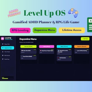 May include: A digital gamified ADHD planner and RPG life game titled Level Up OS. The interface features a dark mode Dopamine Menu with categories for Starters, Mains, Sides, and Desserts, alongside a sidebar with navigation icons and a level bar.