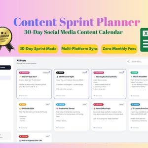 Peut inclure: Un tableau de bord numérique Content Sprint Planner présentant un calendrier de contenu pour réseaux sociaux sur 30 jours. L'interface affiche diverses cartes de publication pour des plateformes comme Instagram, TikTok et Twitter.