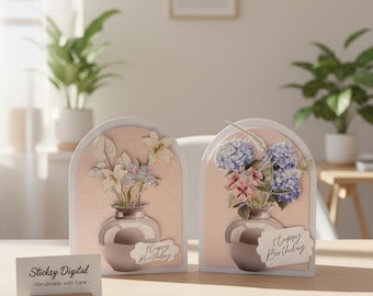 Tarjeta de cumpleaños con jarrón floral 3D – Papel gofrado Tole Art