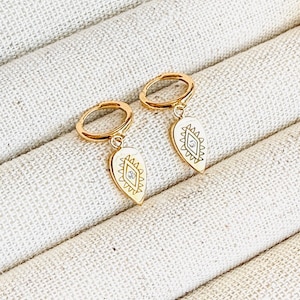Single Gold Evil Eye Huggie Hoop Earring Dangly Teardrop Earring with Tiny Diamond