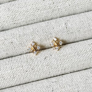 Dainty Gold Cross Ear Stud with Four Diamonds