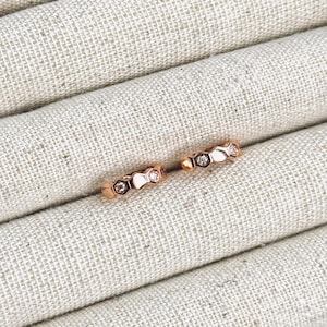 Rose Gold Diamond Hoop Huggie Earrings with Hexagon Details | 14K Rose Gold Plated Sterling Silver
