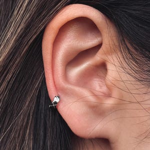 May include: A small, silver-coloured hoop earring with a crisscross pattern is worn on an ear. The earring sits close to the earlobe. Dark hair frames the ear, contrasting with the skin tone and the earring's metallic shine.