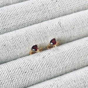 Mini Ruby Heart Huggie Earring | 14K Gold Plated Sterling Silver | High Lobe | Tragus | Cartilage