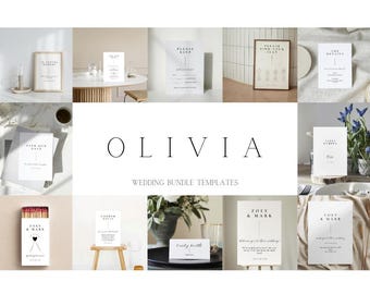 May include: A set of wedding stationery templates with a minimalist design. The templates include save the date cards, invitations, RSVP cards, table numbers, and welcome signs. The templates are all white with black text and simple geometric designs.