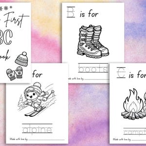 Livro de colorir ABC, jogo de chá de bebê para meninas, alfabeto de esportes de neve no inverno, livro ABC para chá de bebê, livro para impressão, livro de esqui snowboard, bebê a bordo