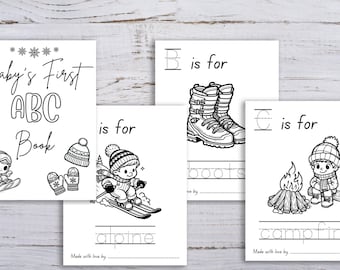 Kolorowanka z alfabetem dla chłopca na baby shower, gra, alfabet zimowych sportów śnieżnych, książka z alfabetem na baby shower, książka do druku, książka o snowboardzie i nartach, dziecko na desce