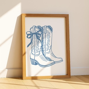 Coquette Bow Cowboy Boot Print, Coastal Cowgirl Wall Art, Girly Western Wall Art, Trendy Print, Vintage Western, College dorm wall art