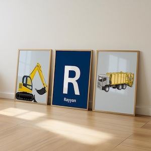 Construction Truck Nursery Art Set: Custom Name Prints (Digital Download)