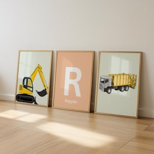 Construction Nursery Art Set of 3: Custom Name, Kids Room Decor (Digital Download)