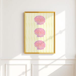Pink Seashell & Yellow Stripe Coastal Art Print: Beach Nursery, Bedroom, Dorm Decor (Digital Download)