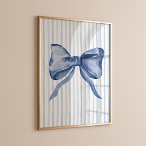 Blue Striped Bow Prints Wall Art – Nautical Wall Art for house room decor and Dorm or Bedroom Decor