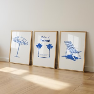 Blue Beach Wall Art set of 3 – Meet me at the beach prints, Digital Download for nursery, girly room, Bedroom or Dorm Decor
