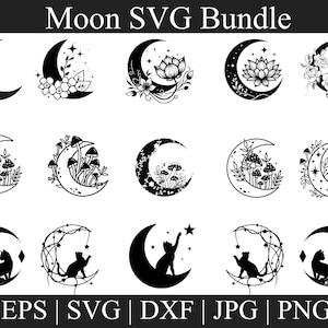 Moon Svg Bundle, Floral Moon Svg, Mystic Celestial Svg, Moon Star Svg, Sky Cut For Cricut, Moon Png, Moon Cut Files Cricut Silhouette Vector