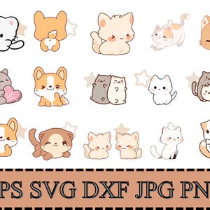 Pacchetto SVG di gattini carini / Clipart digitali di gatti kawaii / File per sublimazione e Cricut per amanti dei gatti / Silhouette di gatto / SVG di gatto / File di taglio / SVG di gattini