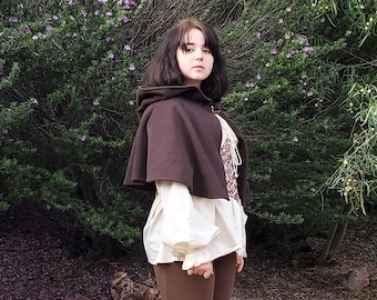 Brown Hooded Caplet, Pixie Goblin Hood, Fleece Capelet, Renaissance Costume, Medieval Cape, Faerie Cosplay Fantasy Shoulder Cape, SCA Larp,