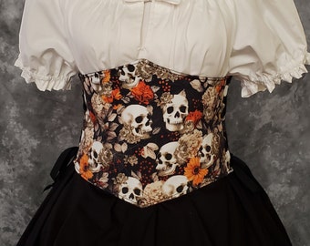 Renaissance Costume Waist Cincher, Halloween Skulls Corset, Ren Faire Bodice, Goth Corset, Ren Fair Garb , SCA LARP, Fantasy Faerie Cosplay