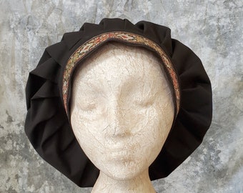 Black Renaissance Muffin Cap With Embroidered Jacquard Trim, Ren Faire Cap, Festival Hat, Mob Cap, Medieval Caul, Peasant Hat, SCA LARP Garb