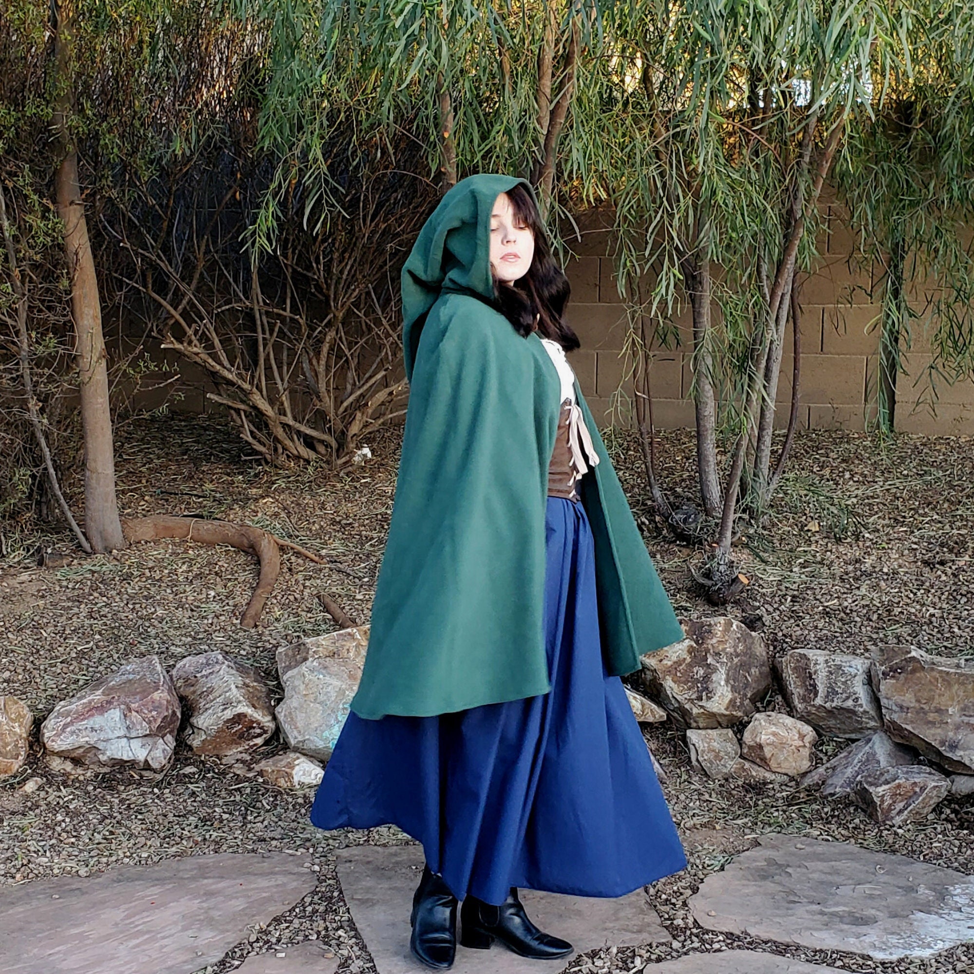 Forest Green Cashmere Short Hooded Cape Fox Trim