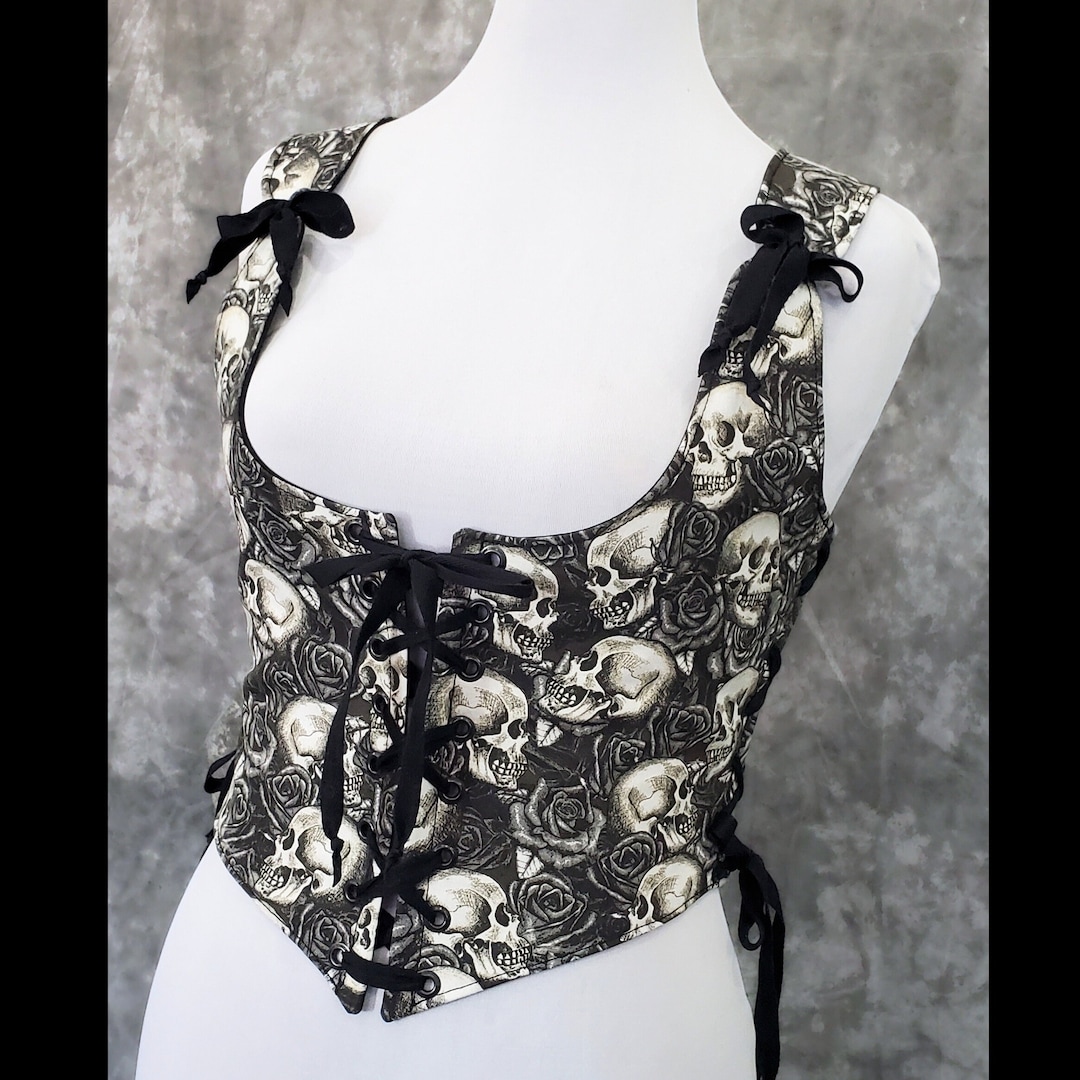 Larp Roses Skulls and Roses Renaissance Bodice, Goth Corset Vest, Black Cosplay ...