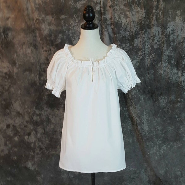 White Cotton Chemise Blouse, Peasant Shirt, Renaissance Medieval Steampunk Costume, Halloween, Ren Faire, SCA, LARP