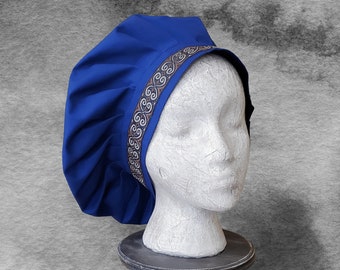 Ren Faire Muffin Cap With Embroidered Jacquard Trim, Navy Blue Renaissance Hat, Mob Cap, Medieval Caul, Peasant Headwear, SCA LARP Garb