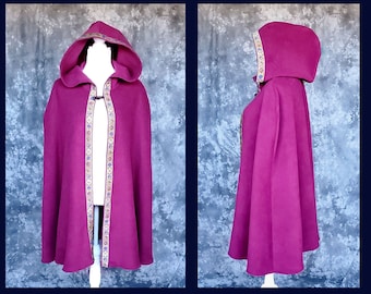 Burgundy Hooded Cloak with Jacquard Trim, Fleece Cape, Hooded Cloak, Renaissance Costume,Elf Costume, LOTR SCA LARP, Medieval Clothing