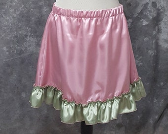 Satin Ruffle Skirt, Rose Pink and Sage Green, Size Large, Steampunk Pixie Faerie Dance Skirt Satin Costume Mini Skirt, Cosplay Skater, OOAK