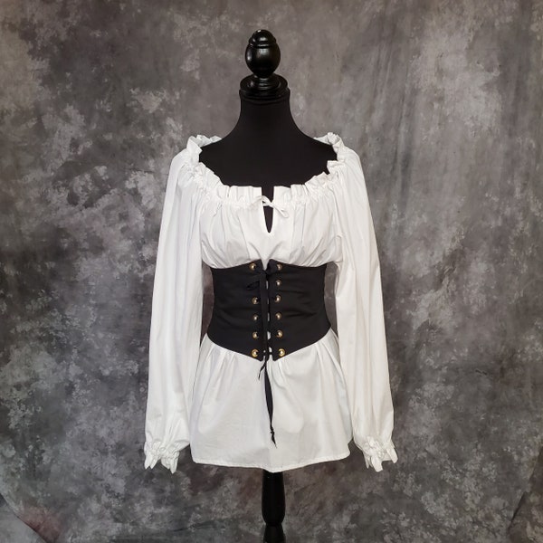 Long Sleeved White Cotton Chemise Blouse, Peasant Shirt, Renaissance Medieval Steampunk Costume, Halloween, Ren Faire, SCA, LARP