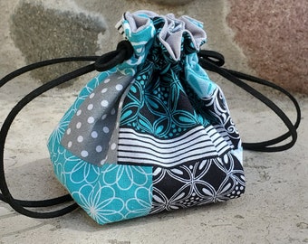 Drawstring Pouch, Black Teal Patchwork Cotton Dice Bag, Small Coin Purse, DnD Game Dice Bag, Jewelry Purse, Ren Faire Bag