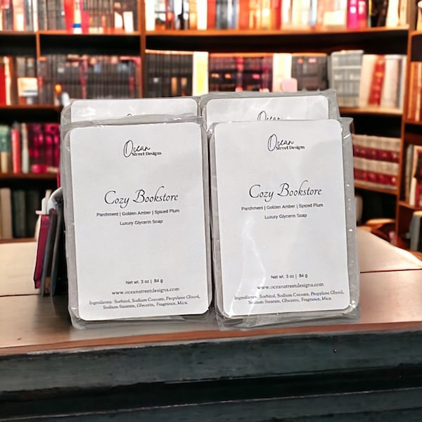 Cozy Bookstore glycerin soap, Ocean Street Designs, Leather-bound books, wooden bookshelves, golden amber and spiced plum.