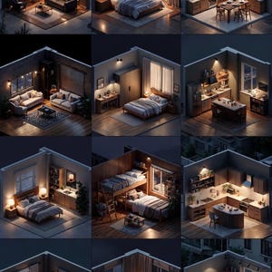 Puede incluir: Una colección de modelos de habitaciones en miniatura, que muestran varios diseños de interiores. Las imágenes presentan dormitorios, salas de estar y cocinas, cada una con muebles, iluminación y decoración detallados. Las habitaciones están iluminadas con una luz cálida y acogedora.