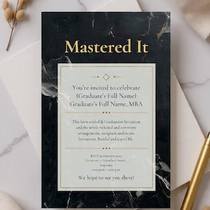 Sjabloon uitnodiging masters afstuderen | Black Gold Marble MBA-feestuitnodiging (digitale download)