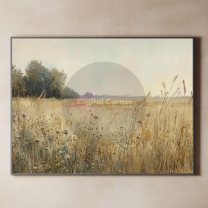 Pode incluir: Uma pintura de um campo de grama alta com uma forma circular no fundo. A grama é uma mistura de marrom, amarelo e verde. A forma circular é de cor cinza claro e parece ser um céu ou uma nuvem.