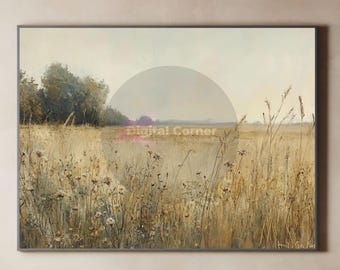 Vintage Field Landscape Print – Rustic Wildflower Meadow Painting, Customizable 36x24