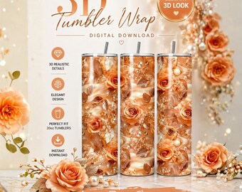 3D Orange Rose Tumbler Wrap, Floral Pearl Design (Digital Download)