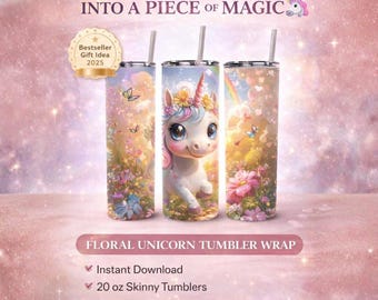 Floral Unicorn 20oz Skinny Tumbler Wrap, Sublimation Design