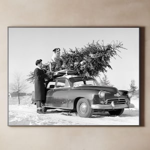 Vintage Christmas Adventure Poster- Black and White Wall Art | 1950s with Tree on Car, Humorous Design, Retro Black-and-White, Customizable