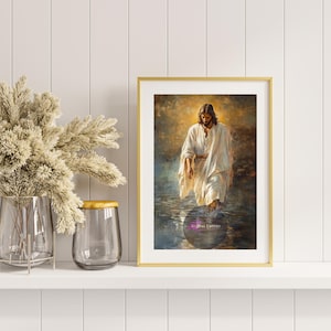 Jesus Christ Walking on Water, Christian Art, Digital Jesus Portrait, I Will Walk With Christ LDS, Jesus Oil Painting, Bible Verse Wall Art