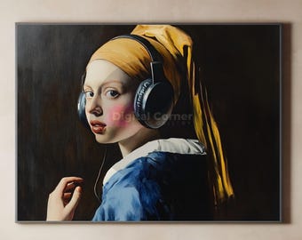 Altered Art Print, Girl with Pearl Earring and Headphones (Digital Download)