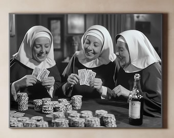 Nuns Playing Poker, Black and White Vintage Photo (Digital Download)