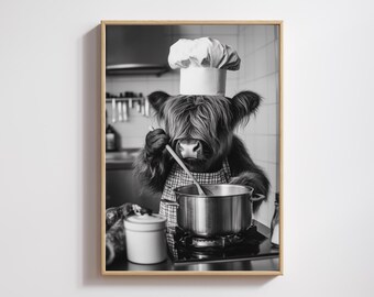 Highland Cow Chef Print, Whimsical Farmhouse Kitchen Art