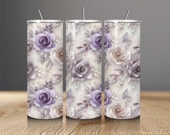 Floral Tumbler Wrap, 3D Silver Lila Flowers, 20oz Skinny Tumbler (Digital Download)