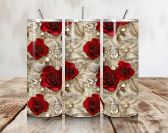 3D Red Rose Tumbler Wrap, Floral Sublimation Design (Digital Download)