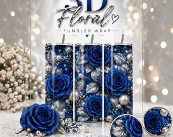 Blue Silver 3D Floral Tumbler Wrap, 20oz Sublimation Design (Digital Download)