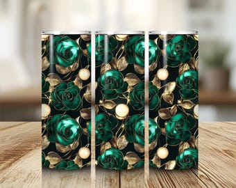 Green Gold Floral Tumbler Wrap, 20oz Skinny Sublimation (Digital Download)