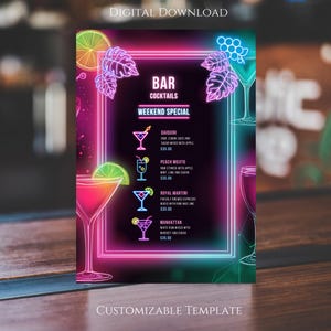 May include: Neon sign with a bar menu for weekend cocktails. The sign features a pink, blue, and green color scheme with images of cocktails and tropical leaves. The menu lists four cocktails: Daiquiri, Peach Mojito, Royal Martini, and Manhattan, with prices for each.